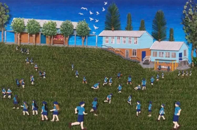 Collage created by staff and students showing our school oval with students playing